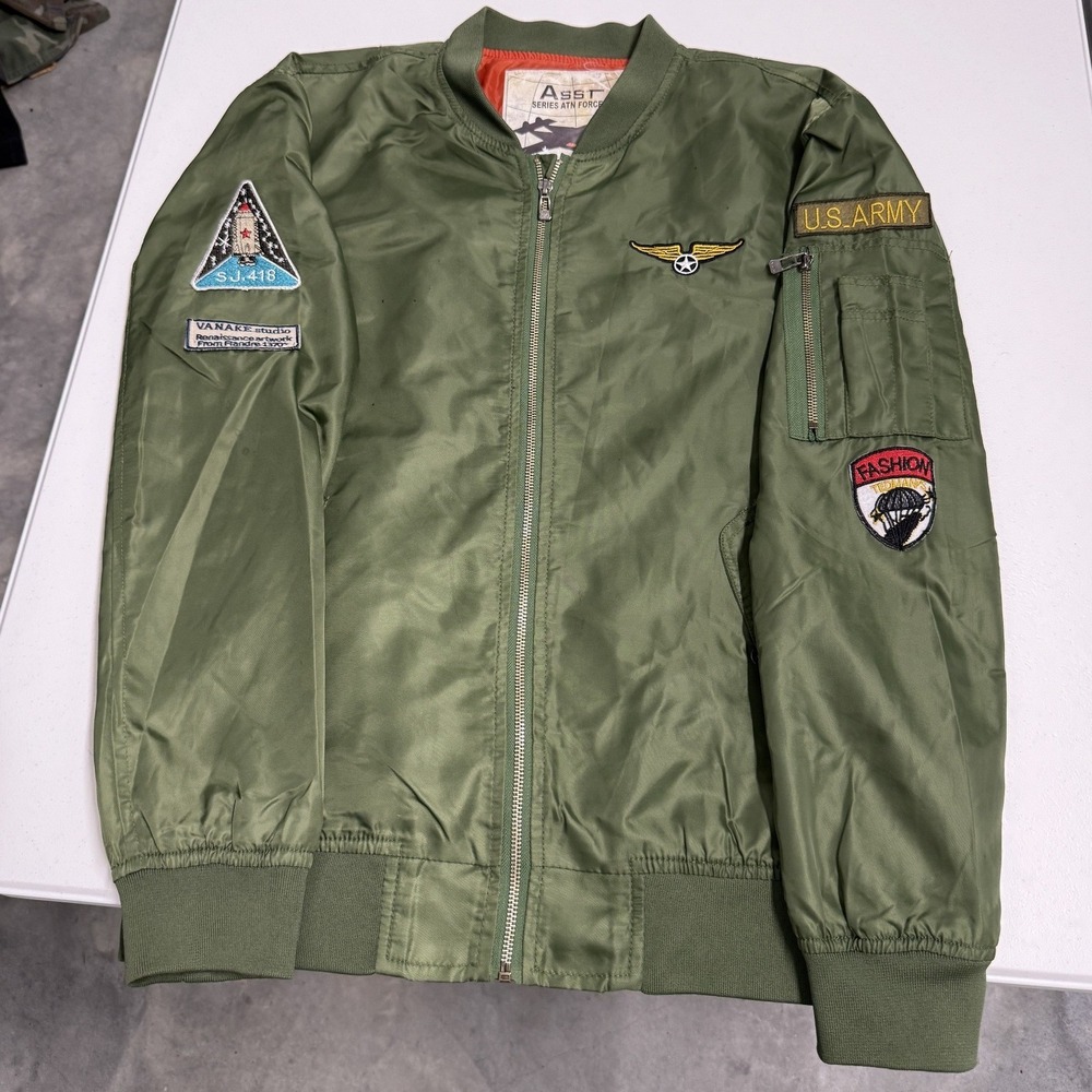ASST Bomber Jacket Mens L Green Excellent Military Patch Flight Jacket Utility